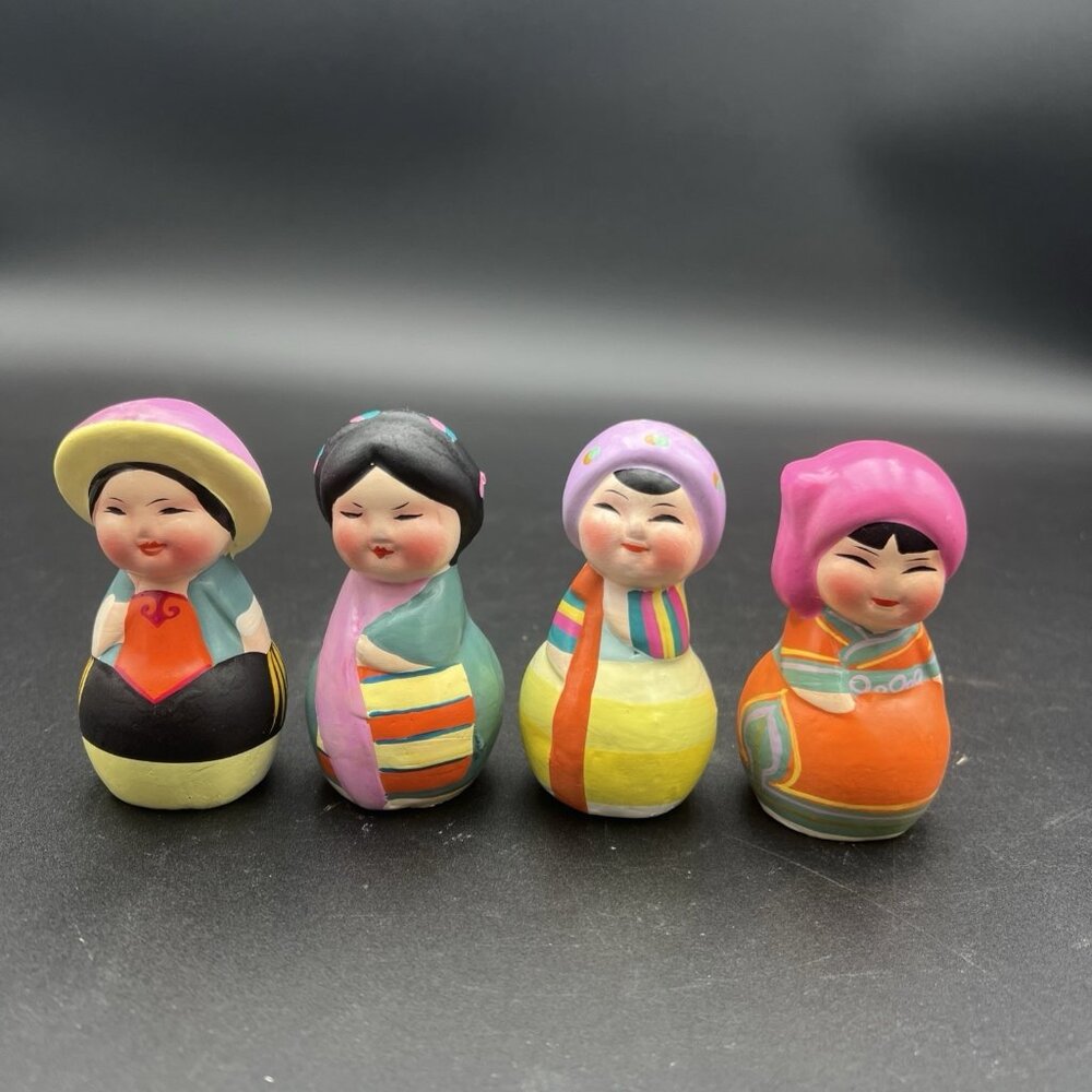 Vintage 3" Wuxi Huisang Clay Figurines Chinese Ladies set of 4 Handpainted.